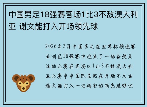 中国男足18强赛客场1比3不敌澳大利亚 谢文能打入开场领先球