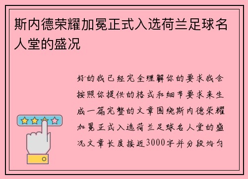 斯内德荣耀加冕正式入选荷兰足球名人堂的盛况 斯内德荣耀加冕正式入选荷兰足球名人堂的盛况